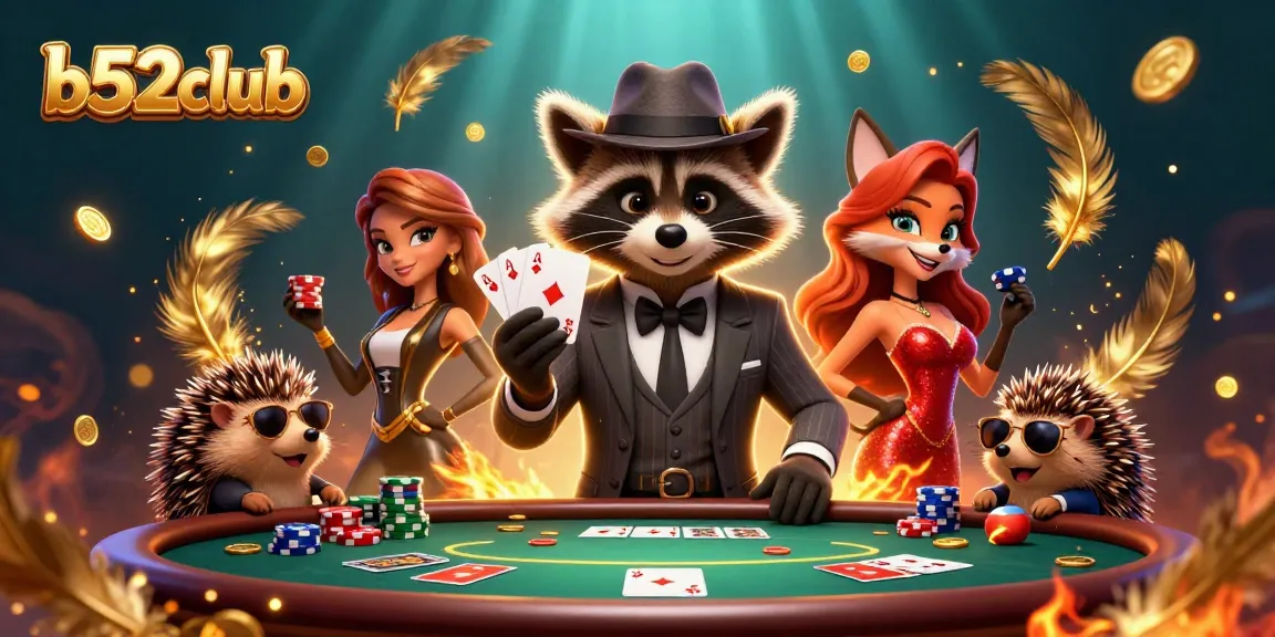 Engage with b52club as a suave raccoon and fox lady enjoy a thrilling poker game with sparkling elements.
