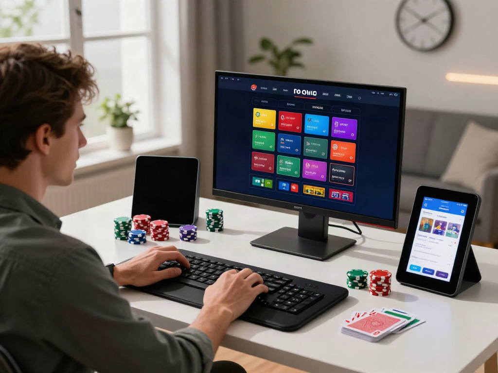 Professional engaging with a credit card casino on an online platform in a modern home office.