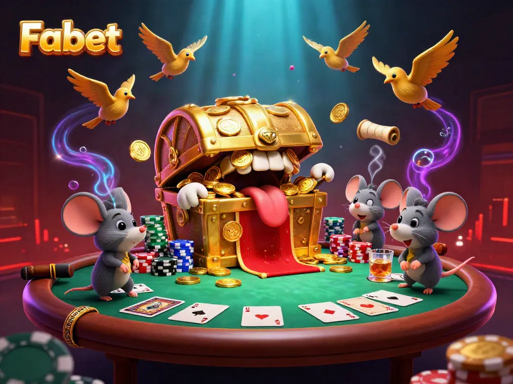 Experience excitement with Fabet's dynamic gaming scene filled with treasures and poker elements.