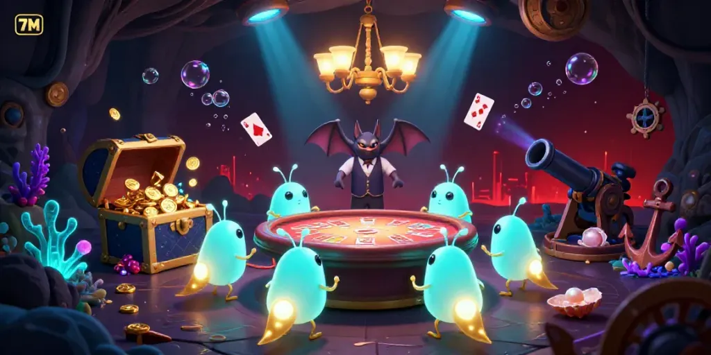 Experience the excitement of 7M in a vibrant casino cave, illuminated by glowworms and showcasing lively gaming elements.