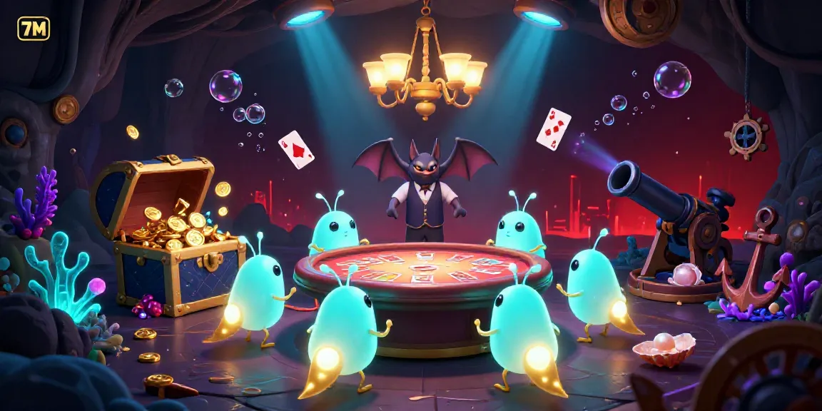 Experience the excitement of 7M in a vibrant casino cave, illuminated by glowworms and showcasing lively gaming elements.