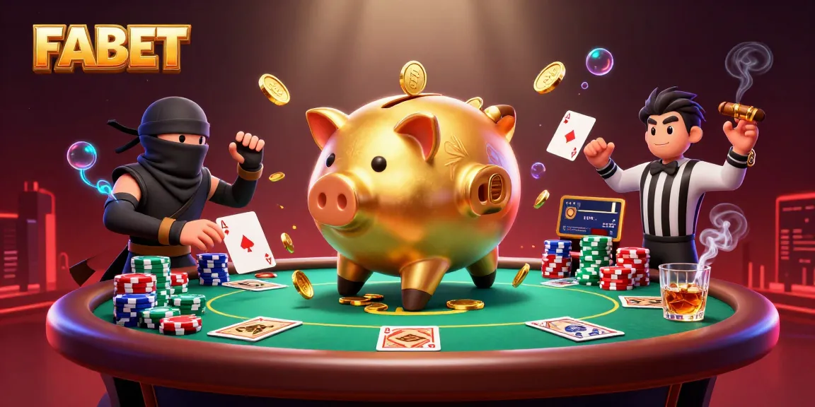 Experience FABET action with a golden sumo piggy bank and ninjas at a high-stakes poker table.
