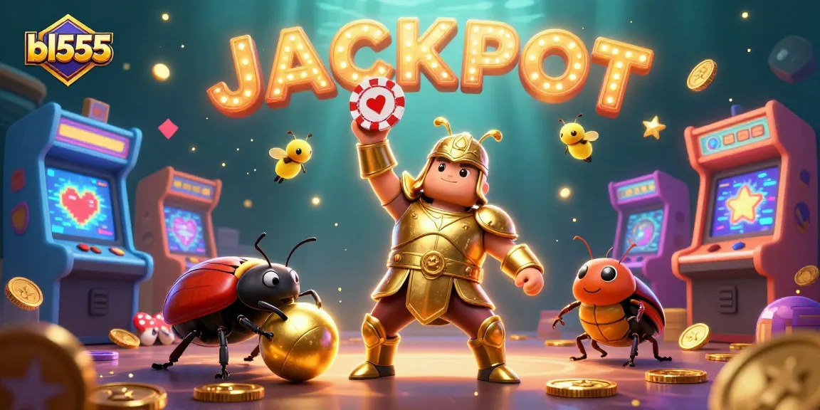 Experience bl555 with a victorious hercules beetle lifting a poker chip in a vibrant casino-themed illustration.