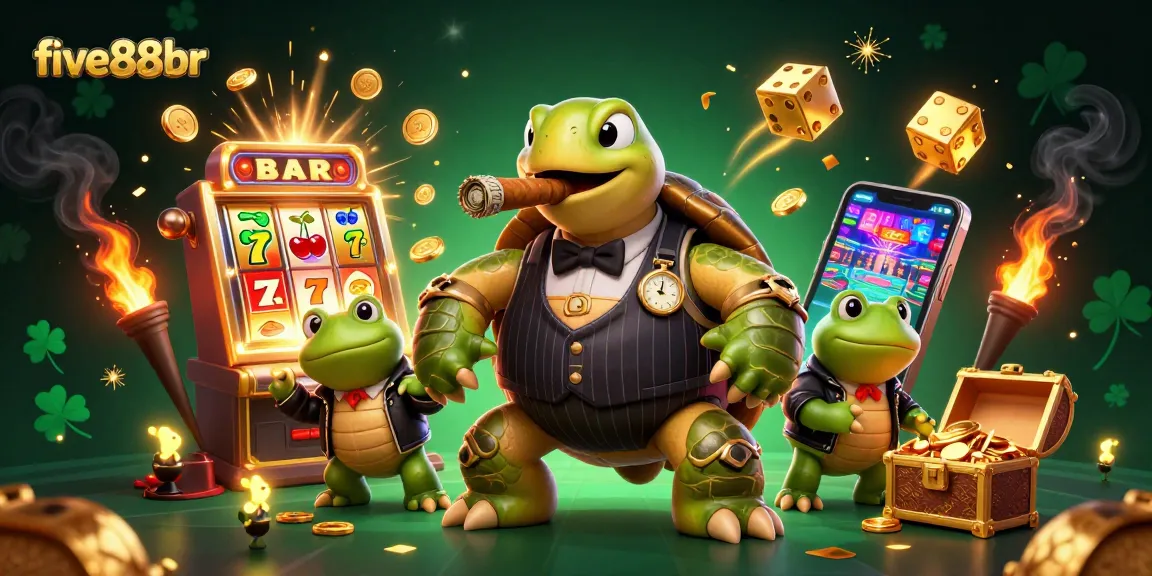five88br showcases a thrilling casino scene featuring a mobster turtle, dazzled by slot machines and gold.