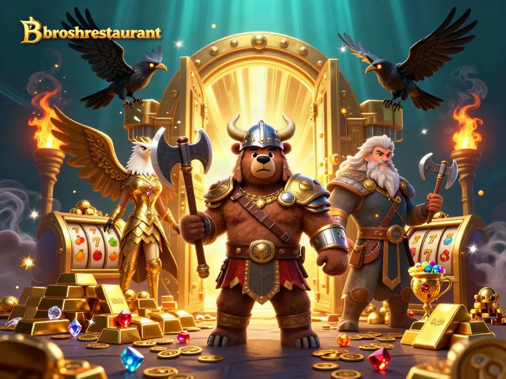 Broshrestaurant presents an exciting scene with a Viking bear and Valkyrie, blending slot machine action amidst treasures.