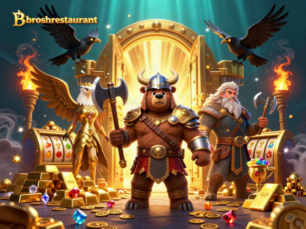 Broshrestaurant presents an exciting scene with a Viking bear and Valkyrie, blending slot machine action amidst treasures.