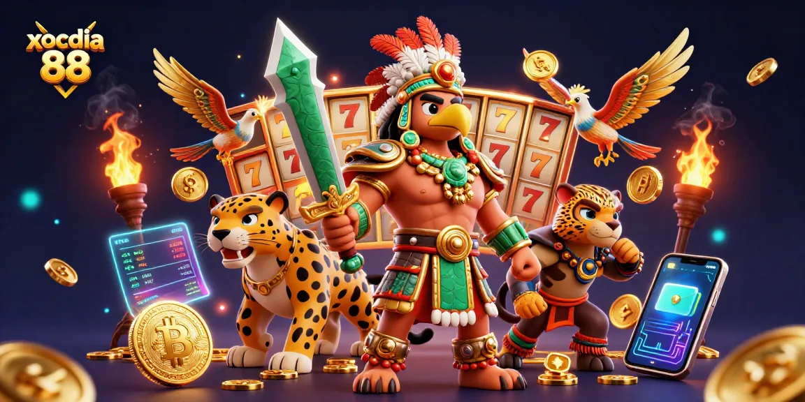 Xocdia 88 showcases an epic 3D scene with Aztec warriors and slot game elements for thrilling gameplay.