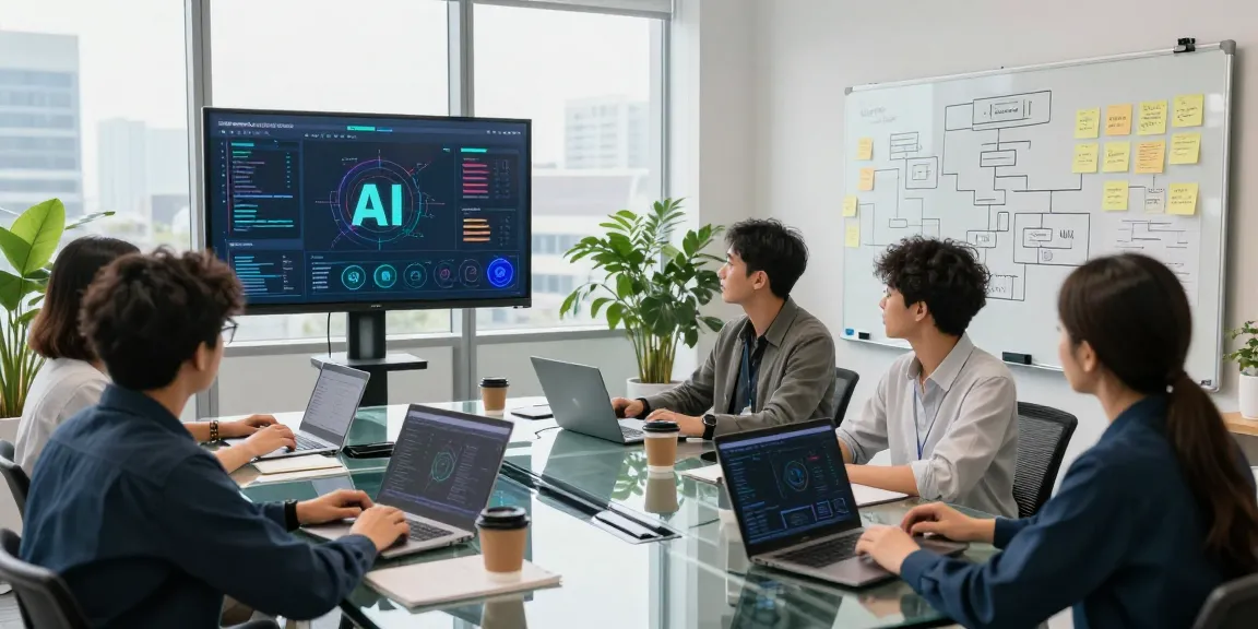 Team engaged in a collaborative meeting showcasing machine learning tools and AI analytics in a bright modern office.