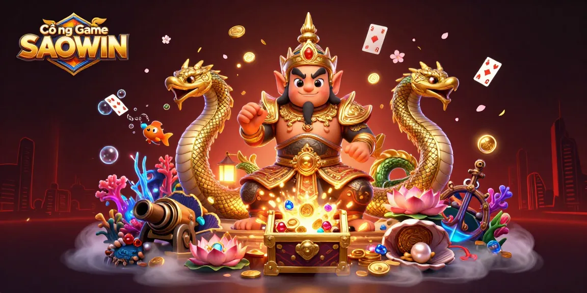 Cổng Game SAOWIN highlights excitement with a cartoon Thai guardian and treasure elements