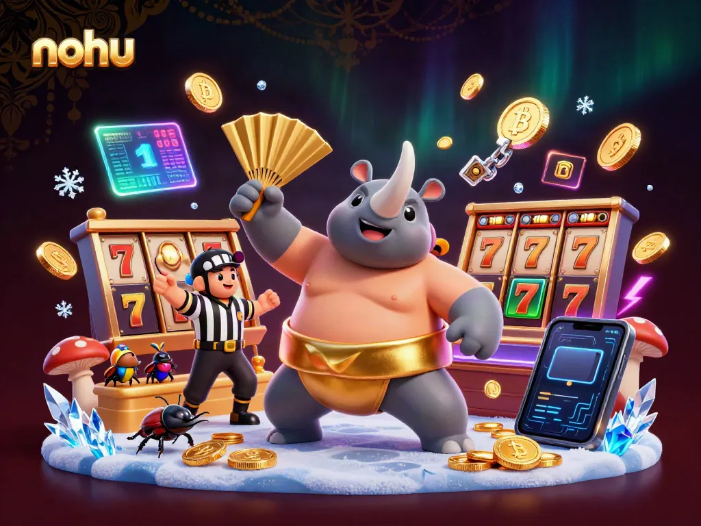 Experience the excitement of nohu with a dynamic cartoon scene featuring a sumo beetle champion among slot game elements.