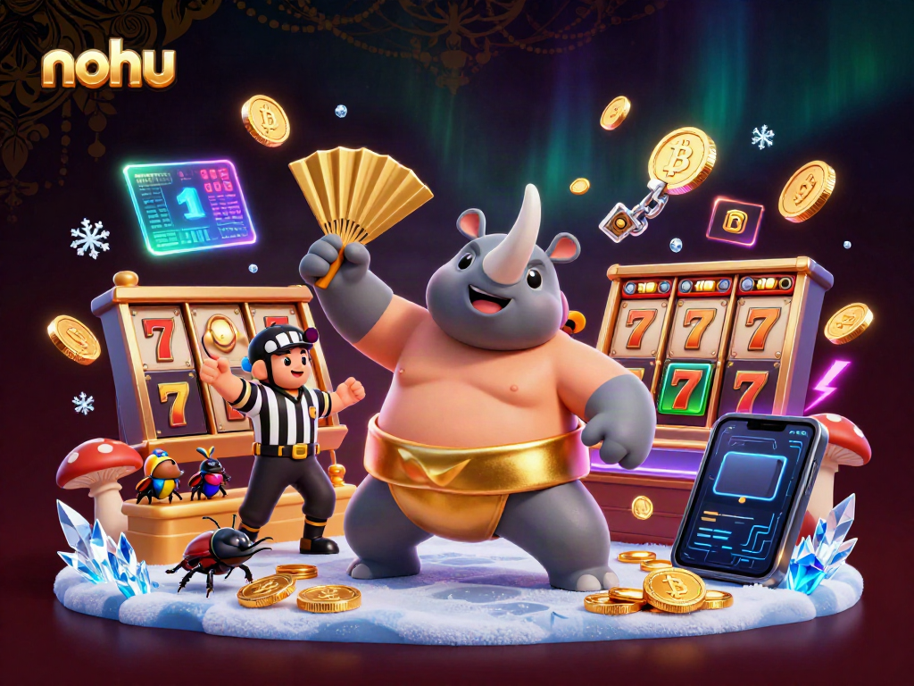 Experience the excitement of nohu with a dynamic cartoon scene featuring a sumo beetle champion among slot game elements.