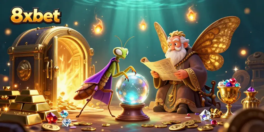Engage with the mystical world of 8xbet, featuring a fortune teller and treasures in a captivating casino scene.