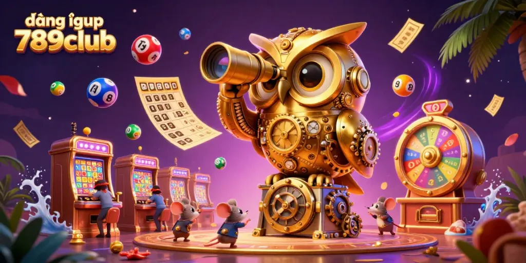 Engage with thrilling action as you log in to 789club, featuring a golden owl and dynamic casino elements.