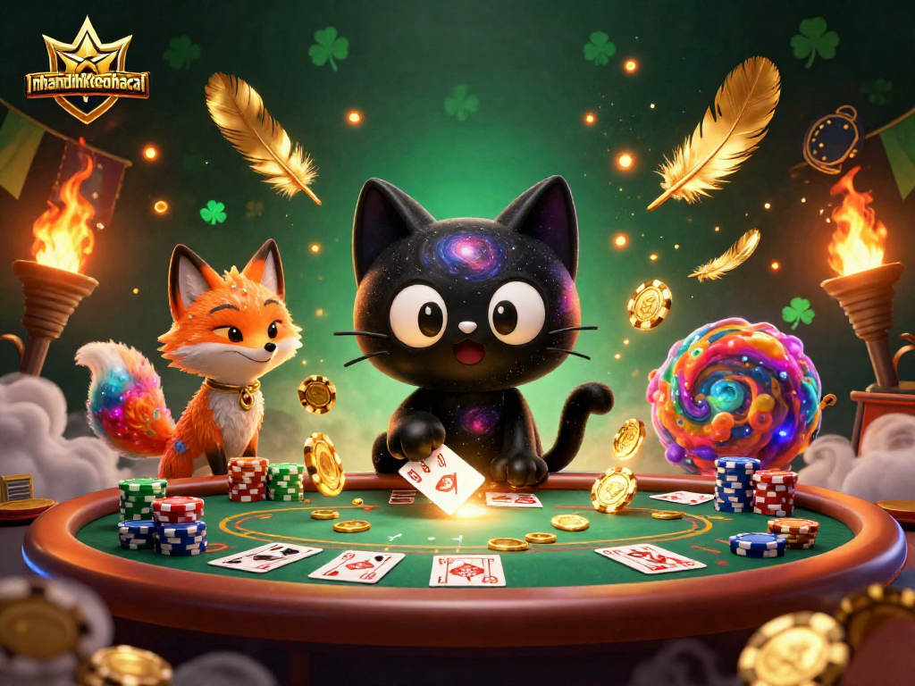 nhandinhkeonhacai engages in thrilling casino action, with a charming black hole cat at a poker table