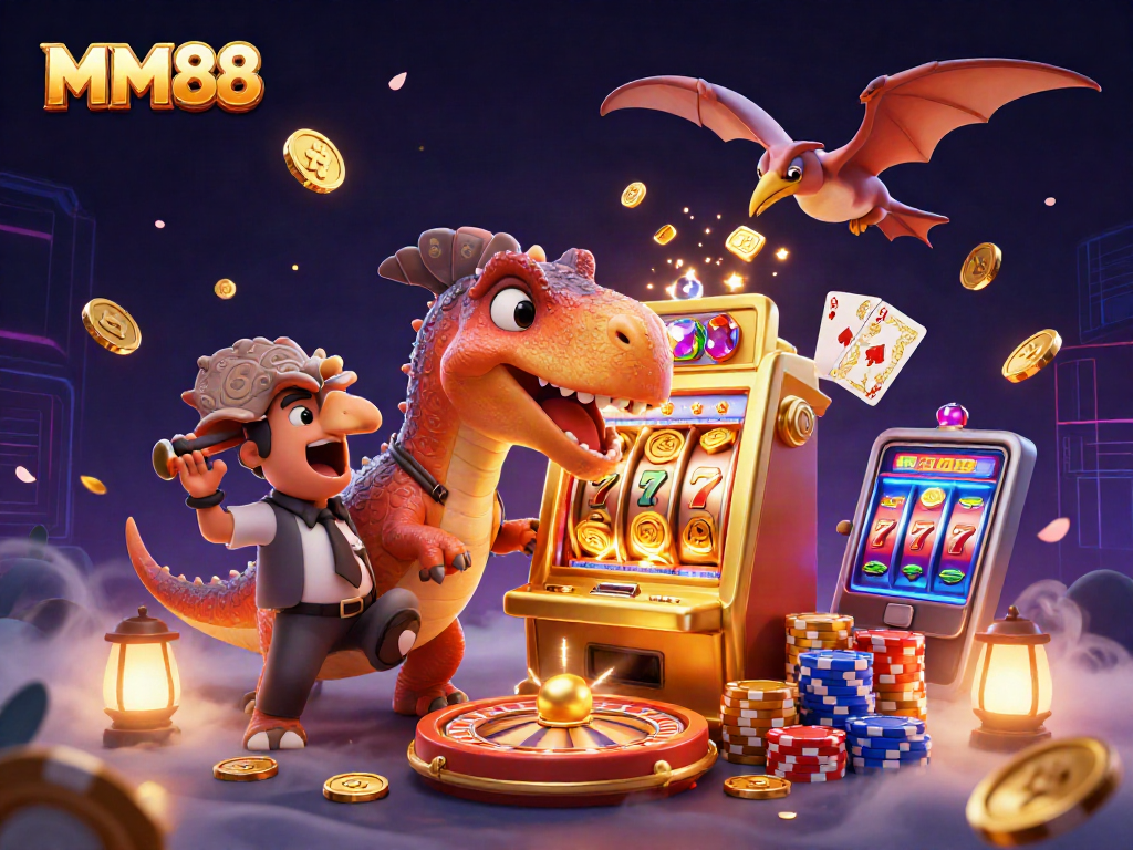 Experience MM88 in action with a pachycephalosaurus hitting a jackpot in this vibrant casino illustration.