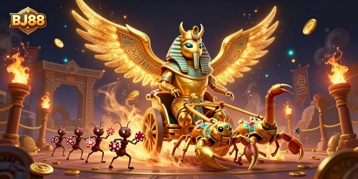 BJ88 showcases a vibrant casino scene with a golden beetle, scorpions, and poker chips in action.