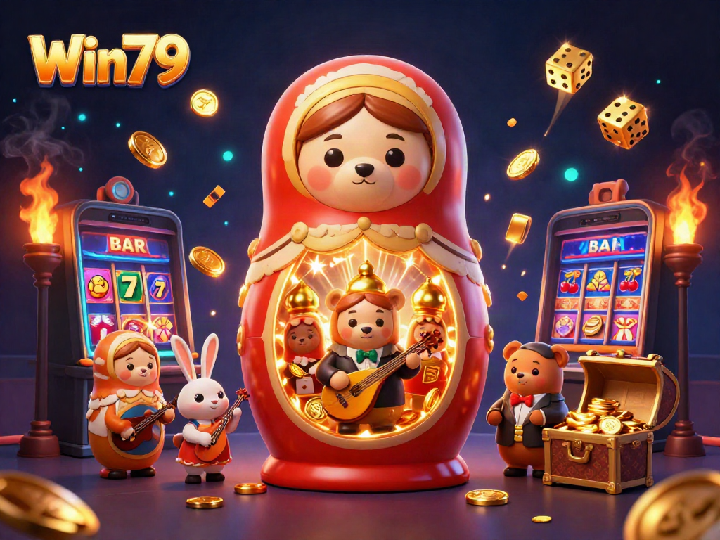 Win79 showcases a vibrant casino scene with animated dealers and a lively atmosphere of games and jackpots.