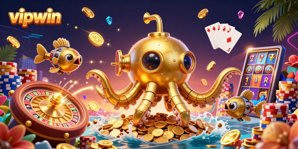 Experience thrilling gameplay at vipwin with a dynamic scene of a golden kraken and casino elements swirling with action.