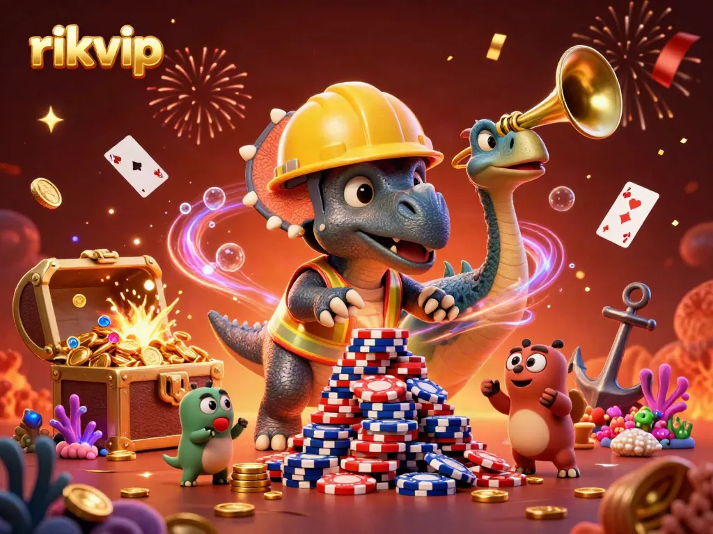 Experience exciting gambling moments with rikvip through a vibrant 3D dinosaur-themed casino scene.