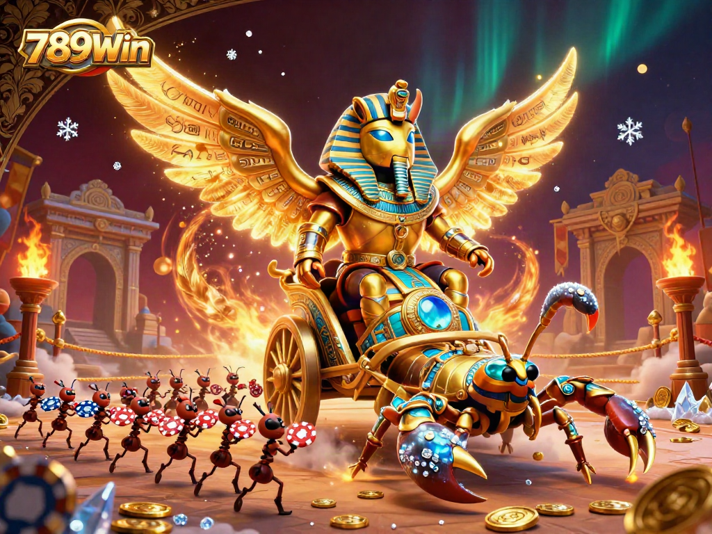 Experience the thrilling 789Win casino adventure with golden scarabs and scorpions amidst vibrant gaming elements.