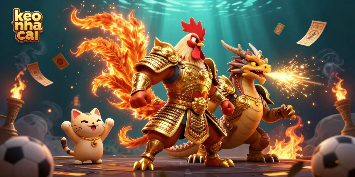Engage with keo nha cai gaming action, featuring a rooster warrior, dragon hatchling, and vibrant sports betting elements.