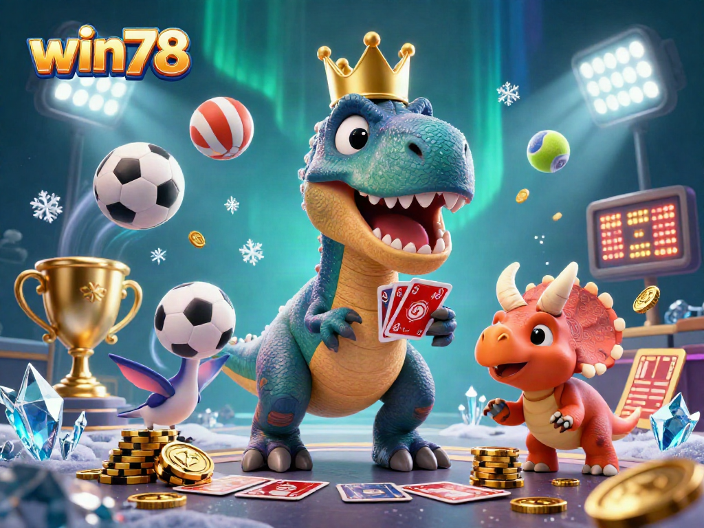 Win78 gambling scene featuring a T-Rex shuffling cards with sports balls flying around