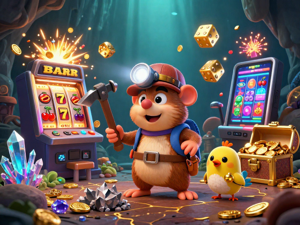 Win big with ON68 at this vibrant, dynamic casino illustration featuring a treasure hunter mole and colorful slot machines.