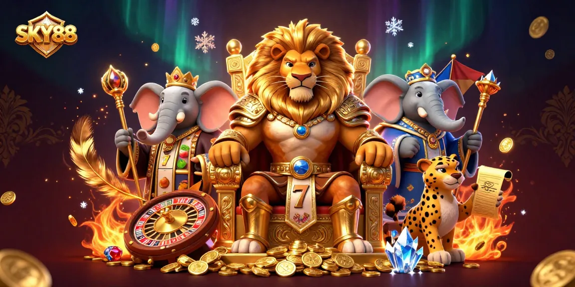 Experience the excitement of SKY88 with a vibrant 3D scene featuring a lion king and casino elements.