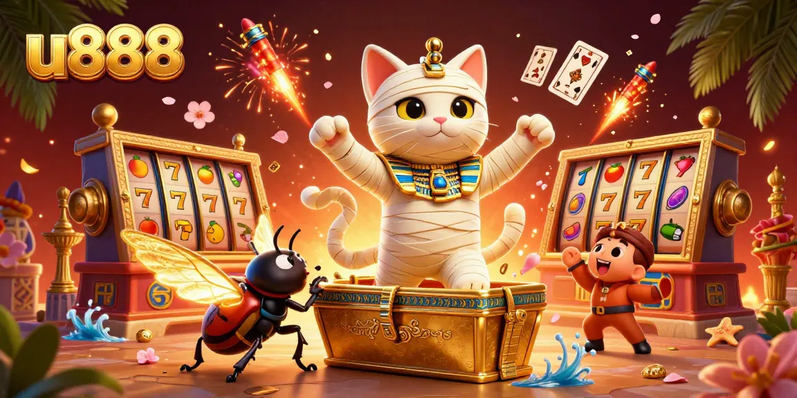 Join the fun at u888 with a vibrant casino scene featuring an Egyptian mummy cat, colorful slot reels, and festive decorations.