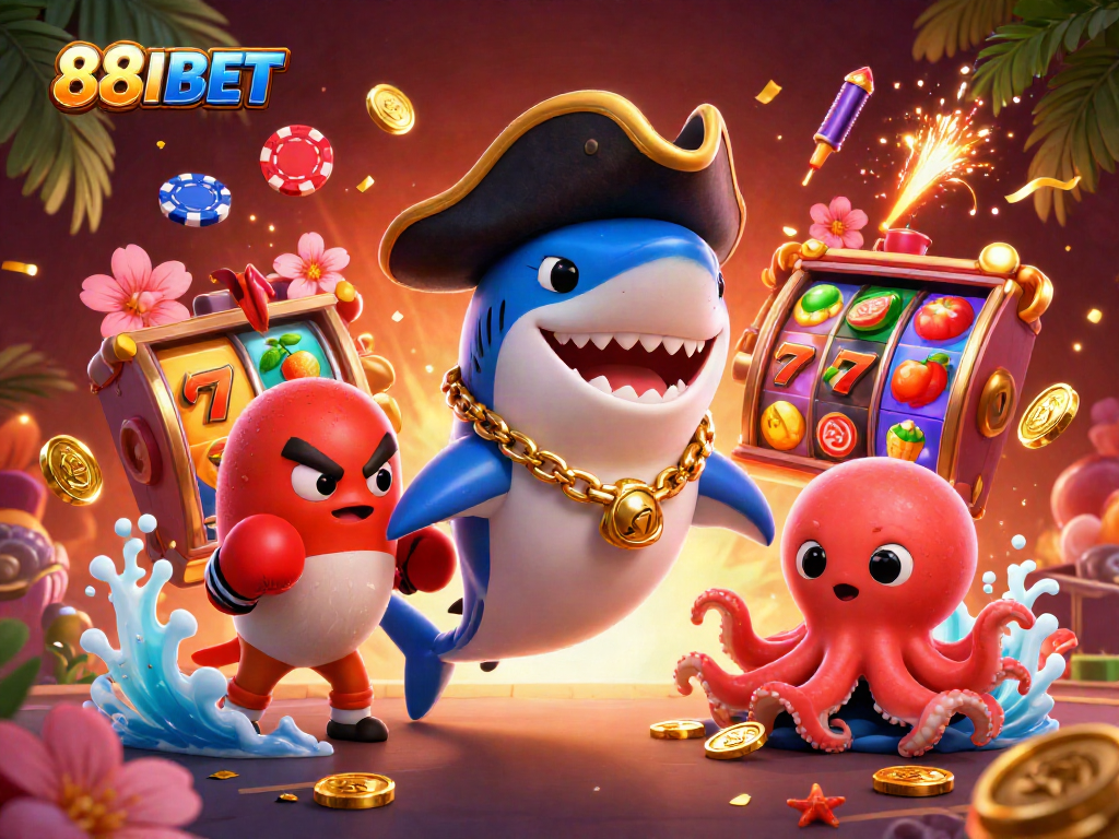 Engage with 88IBET's dynamic gambling action featuring a pirate shark and vibrant slot symbols