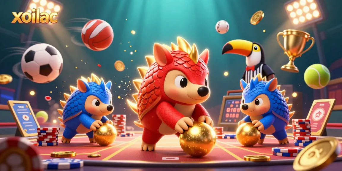 Experience intense gaming action with Xoilac, where rival pangolins roll into golden balls amidst a vibrant casino atmosphere.