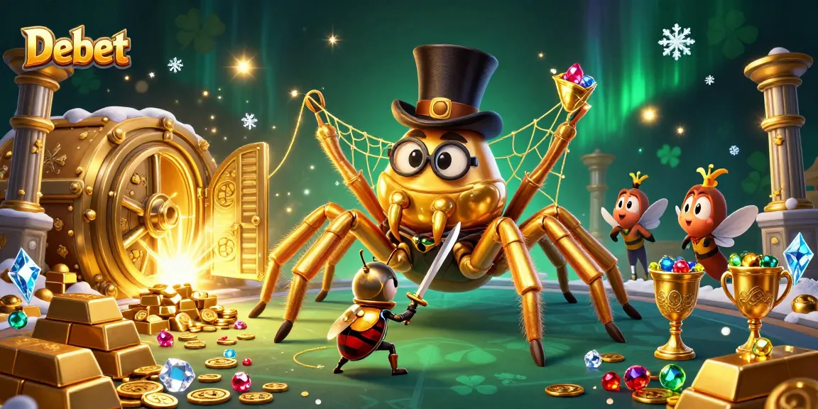 Engage with Debet in a glowing casino scene full of treasures and dynamic characters.