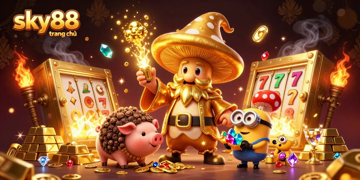 Engage with sky88 trang chủ in a vibrant 3D digital illustration showcasing magical casino treasure.