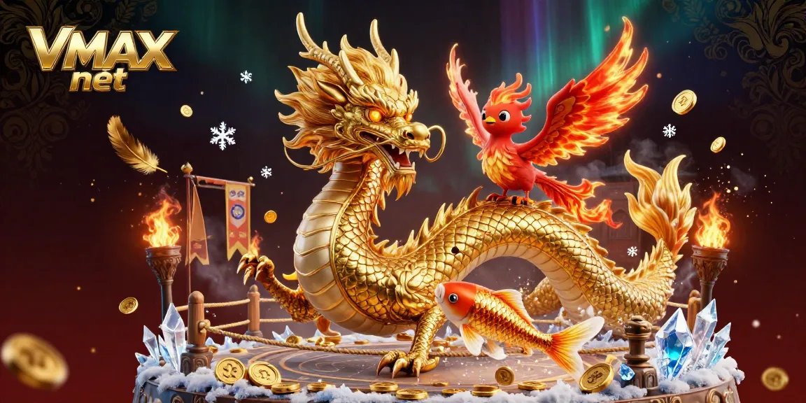 Experience the dazzling VMAX nét action with a golden dragon, phoenix, and koi fish amidst casino elements.