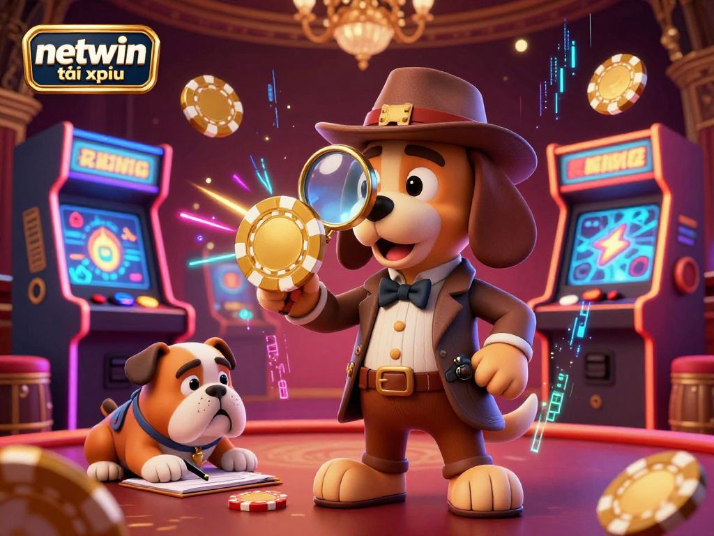 Experience netwin tài xỉu with a detective and bulldog exploring a vibrant casino scene filled with gaming elements.