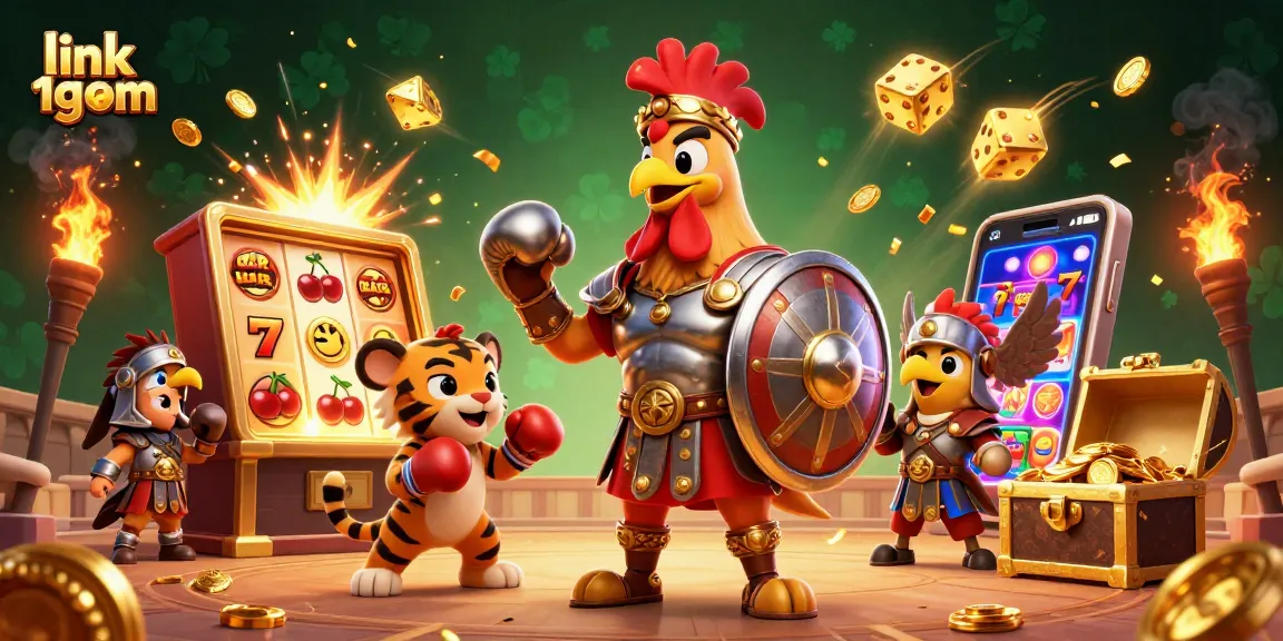 Experience thrills with link 1gom in a vibrant casino scene featuring a lively rooster and tiger