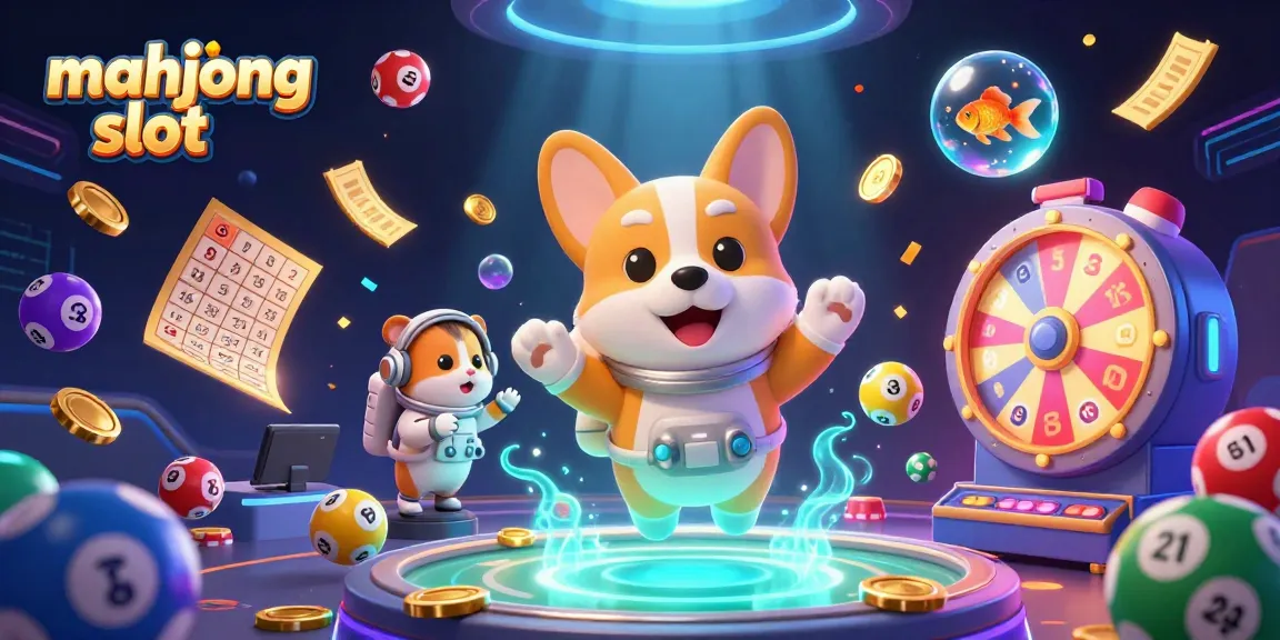 Win big with mahjong slot in a vibrant space casino filled with floating coins and lottery elements.
