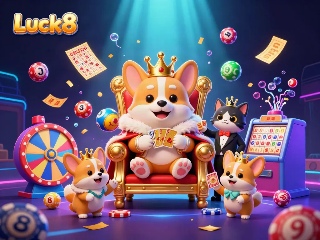 Luck8 corgi royalty reigns over a vibrant casino scene packed with games and prizes.