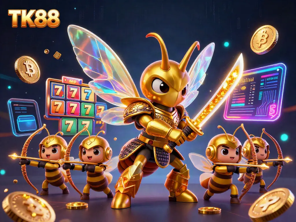 Engage in thrilling gaming with TK88's 3D casino illustration showcasing vibrant slot machines and golden characters.