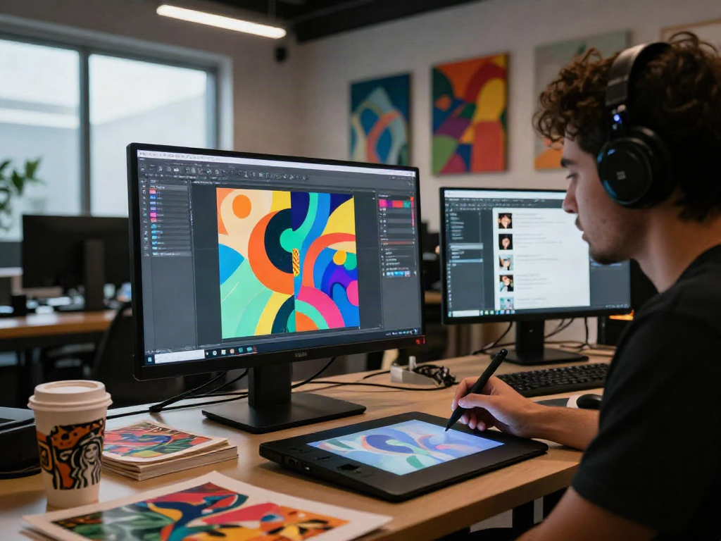 Artist creating AI-generated artworks in dynamic studio, highlighting nsfw ai creativity and technology