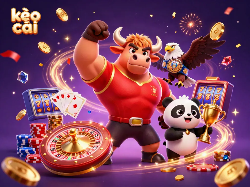 Celebrate kèo nhà cái victories with the dynamic scene of colorful characters, coins, and confetti.