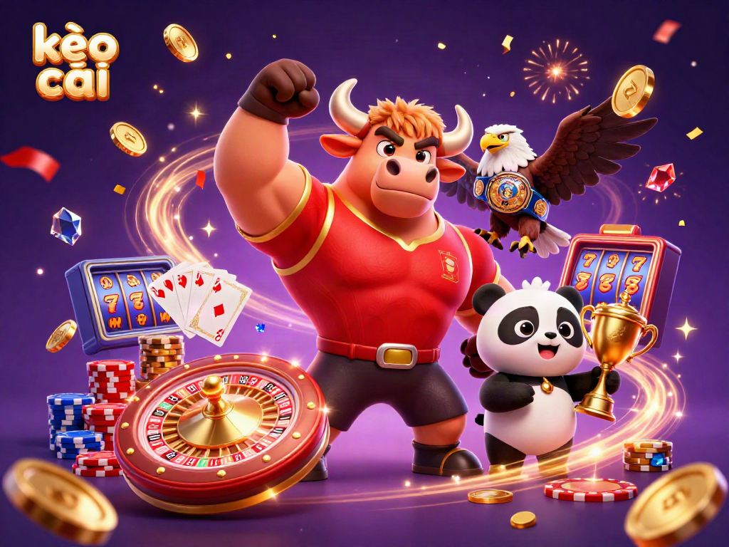 Celebrate kèo nhà cái victories with the dynamic scene of colorful characters, coins, and confetti.