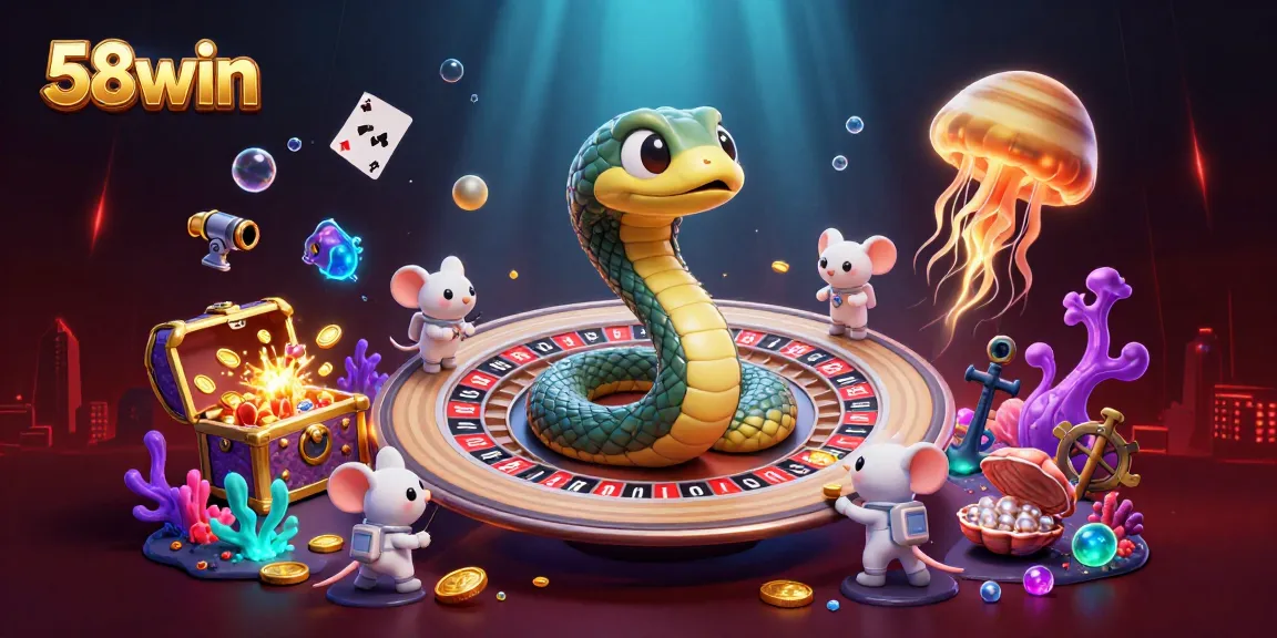 Engage with 58win's casino adventure featuring a snake roulette wheel and adventurous astronaut mice.