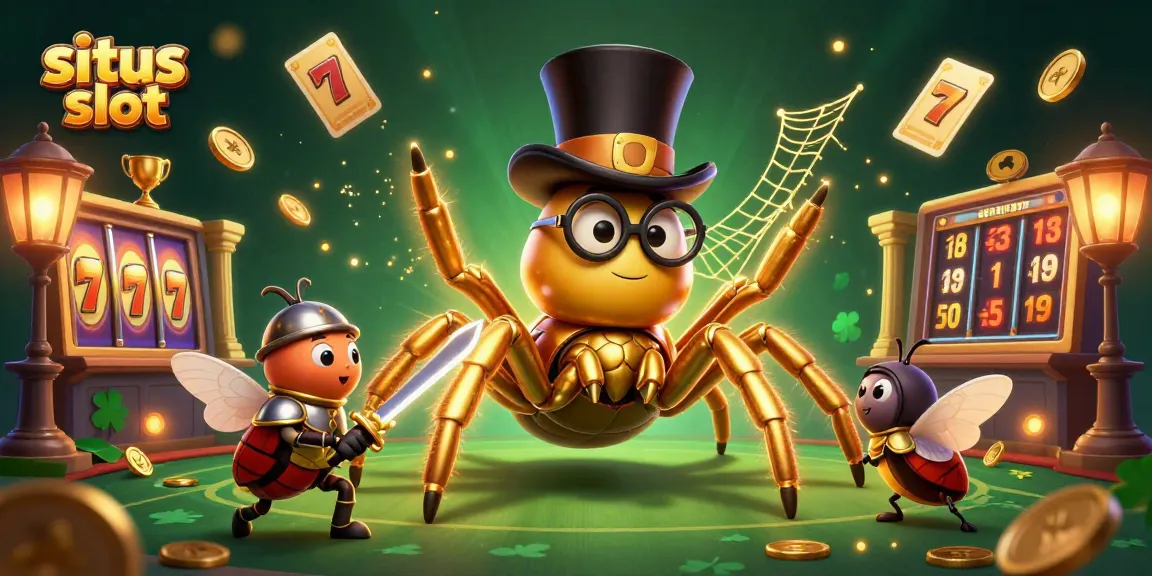 Experience exciting situs slot action with a golden tarantula and beetle knight in this dynamic casino scene.