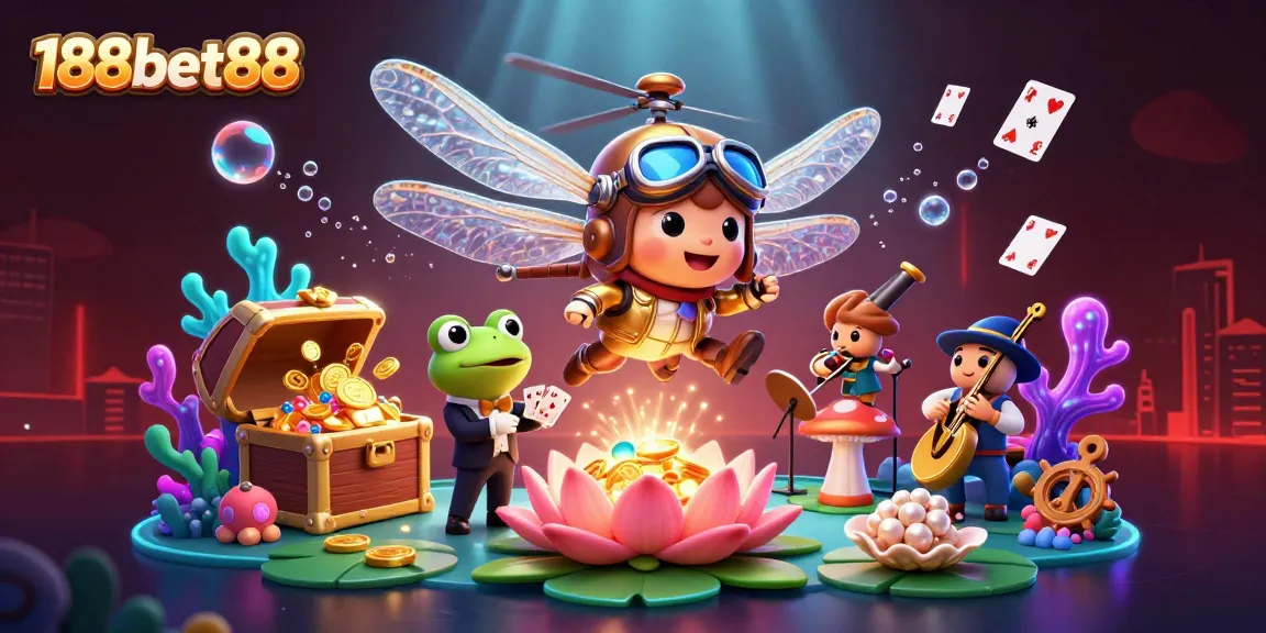 Win big at 188bet88 with a thrilling casino scene featuring a dragonfly pilot and frog croupier.