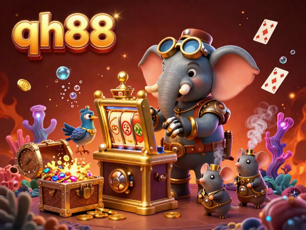 Experience qh88 slots excitement with a steampunk elephant at a golden slot machine amidst underwater treasures.