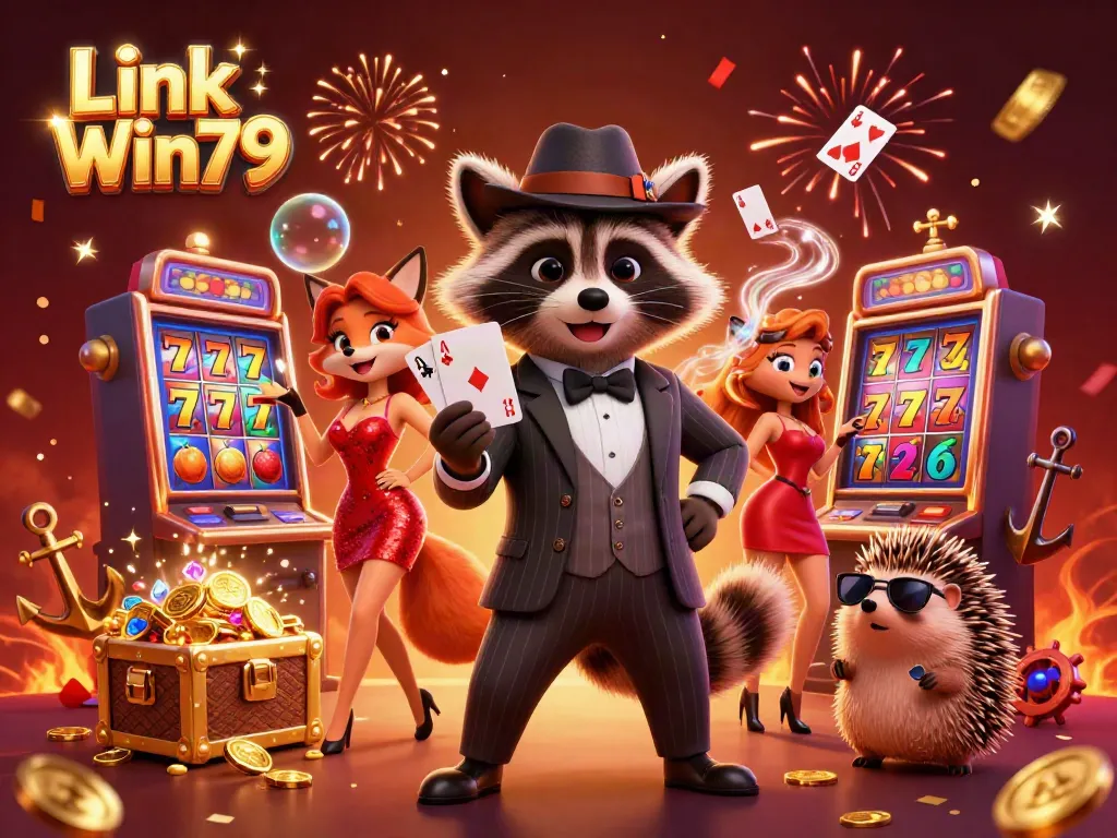 Experience the excitement of gambling with Link Win79 in this vibrant, dynamic casino illustration.