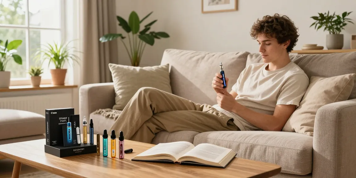 Strong THC vapes UK displayed in a cozy living room with vape pen and wellness book.