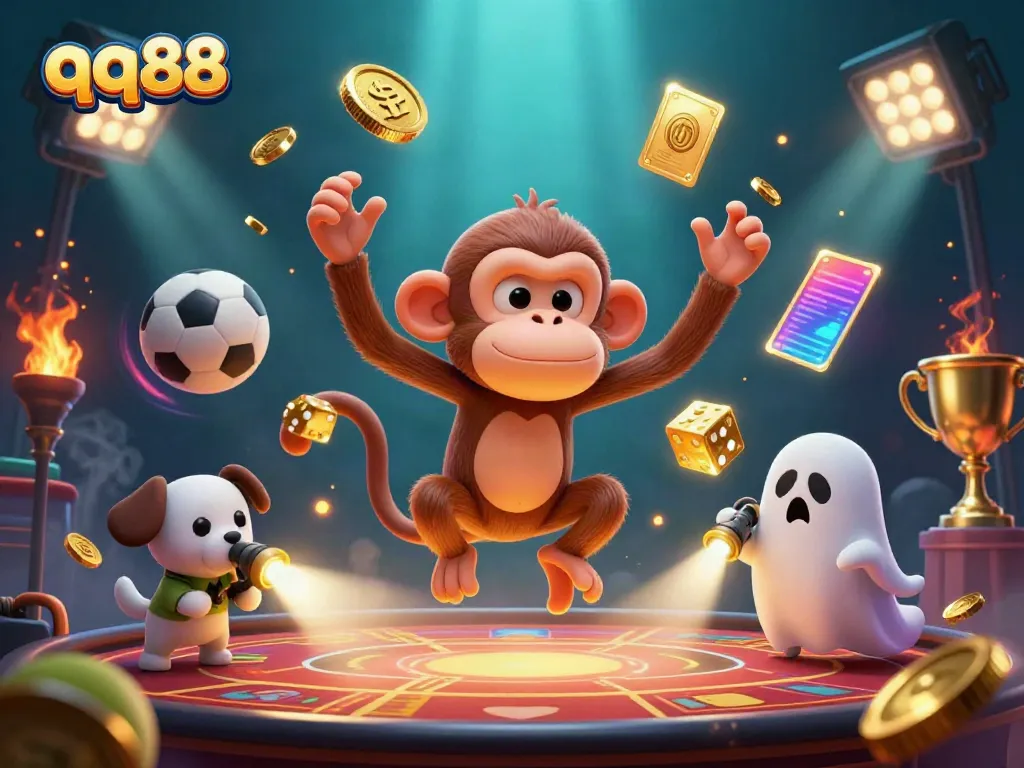 Experience the thrill of qq88 gaming with a mischievous monkey juggling golden coins and cards in a vibrant casino.
