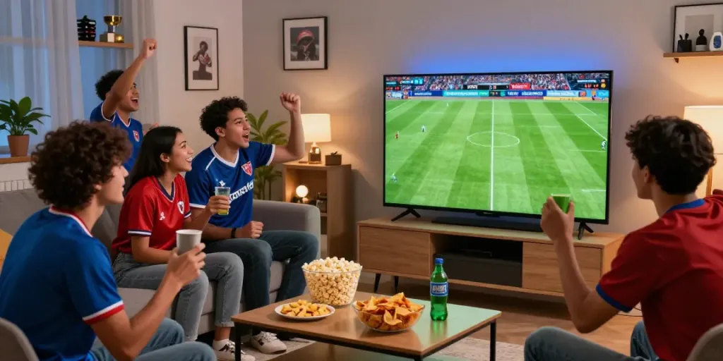 Fans enjoying a live football match on Thapcamtv in a lively living room setting.